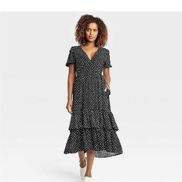 Knox Rose Dresses & Skirts - Knox Rose Black Polka Dot Wrap Midi Dress XL Boho Tiered Cottagecore